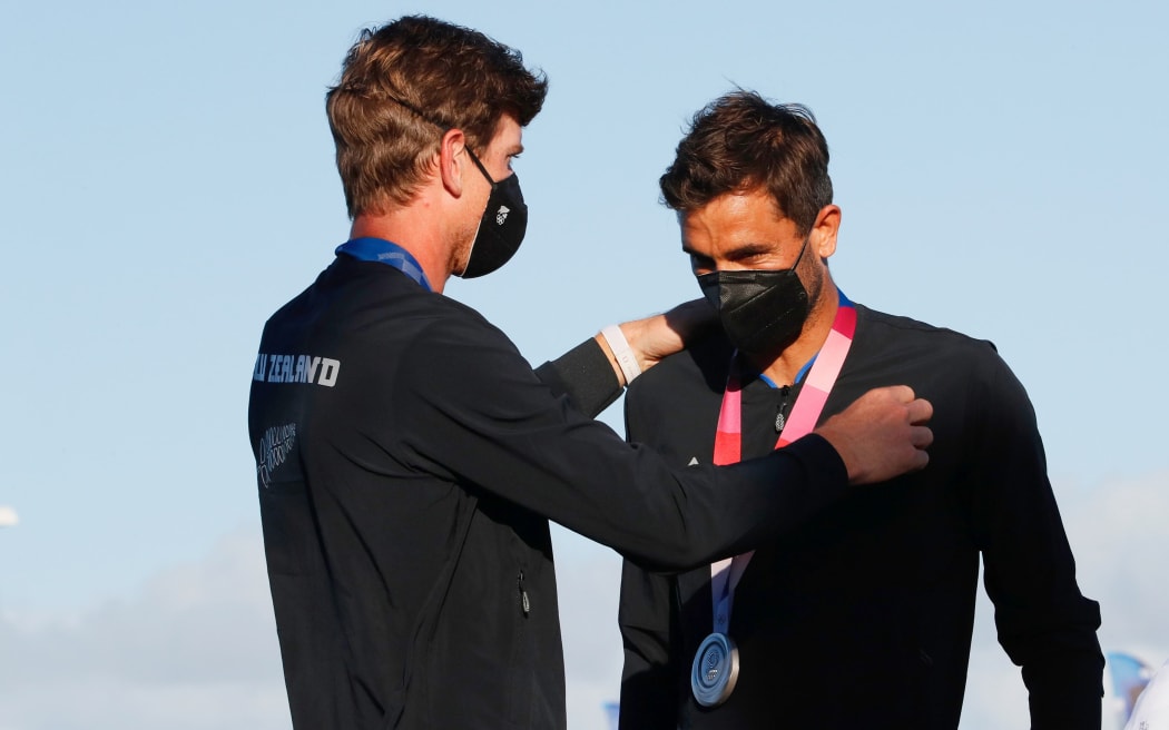 Medal cermony: Peter Burling and Blair Tuke (NZL) 49er mens silver medalists.
Tokyo 2020 Olympic Games at Enoshima, Kanagawa, Japan on Tuesday 3rd August 2021.