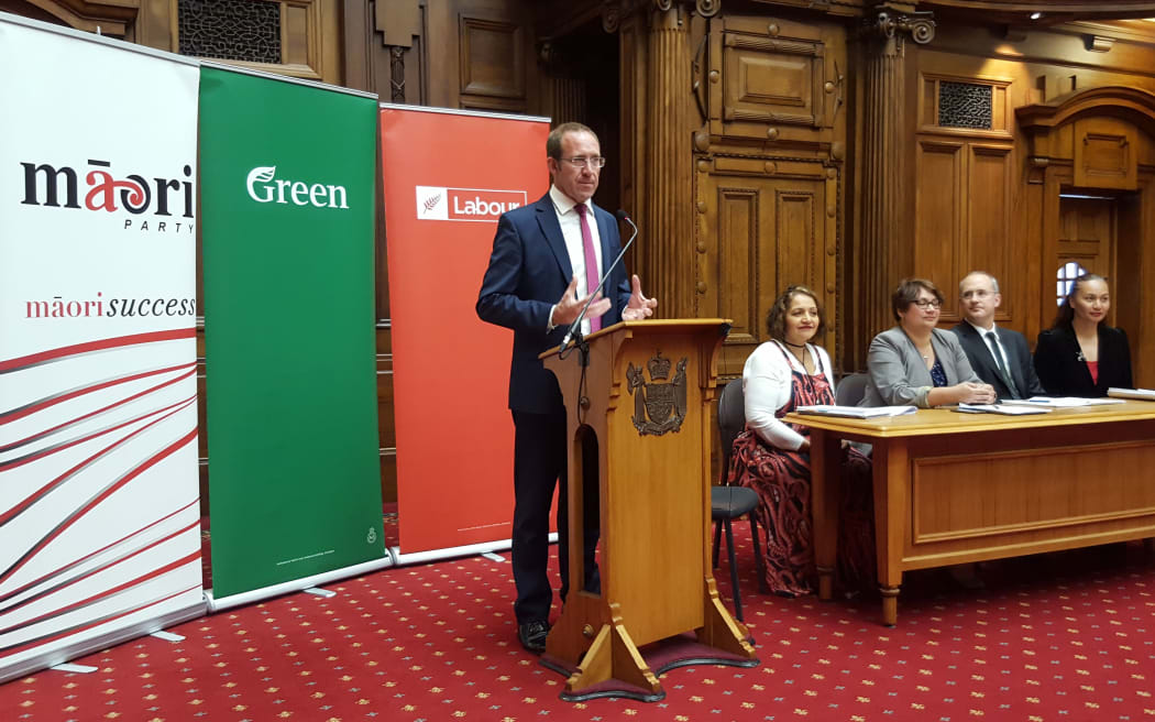 Labour Party leader Andrew Little with the Greens and the Māori  Party at the release of the cross-party inquiry into homelessness.