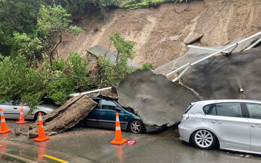 A slip on Sutherland Crescent, Melrose, Wellington crushed three cars over the weekend.