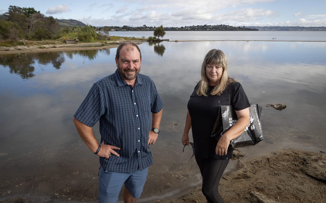 Rotorua residents Gary Coker and Tracey McLeod swap stories of voluntary litter collection in the city.  20 February 2024