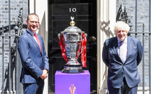 League World Cup trophy at Downing Street. Rugby League World Cup 2021's Jon Dutton with Prime Minister Boris Johnson.
