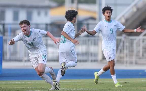 New Zealand's Jack Clegg celebrates a goal at the OFC U-16 Men's Championship 2025, Final, New Caledonia v New Zealand, National Stadium, Honiara, Solomon Islands, Saturday 30 August 2025. Photo: DJ Mills / www.phototek.nz