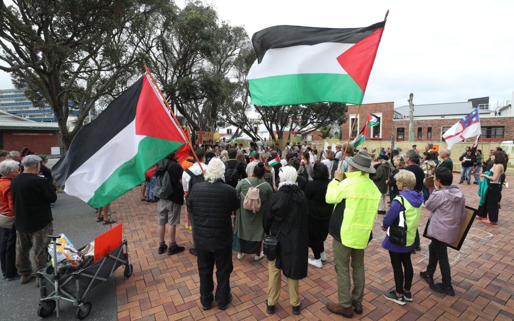 Pro-Palestine WDC petitioners at a recent protest outside the council's Te Iwitahi head office - single use only