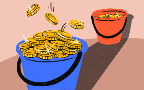 Blue bucket overflowing with gold coins overshadows a red bucket with fewer coins.