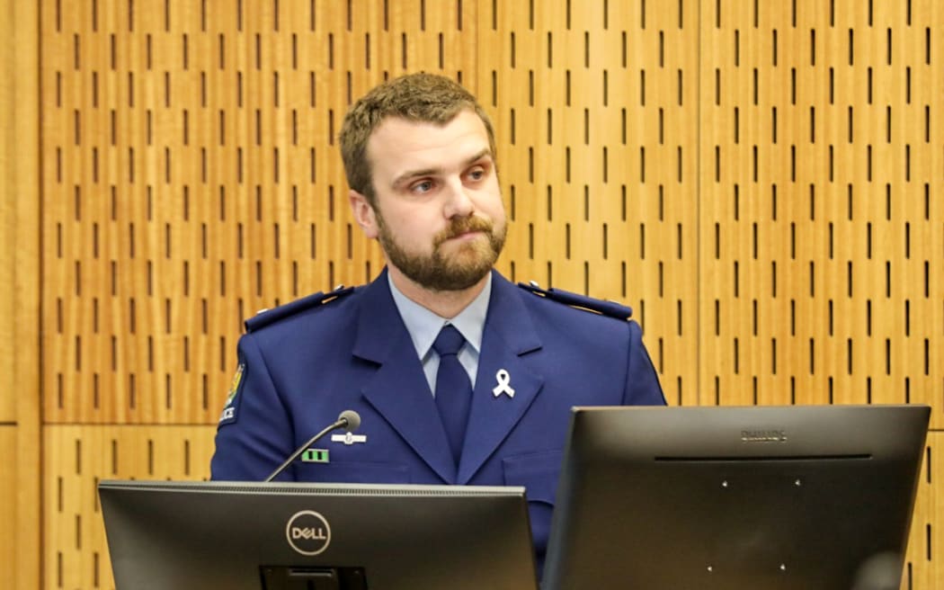 Constable Joseph Wilson during the Christchurch terror attack inquest on 31 October 2023.

Credit: Nathan Mckinnon/RNZ