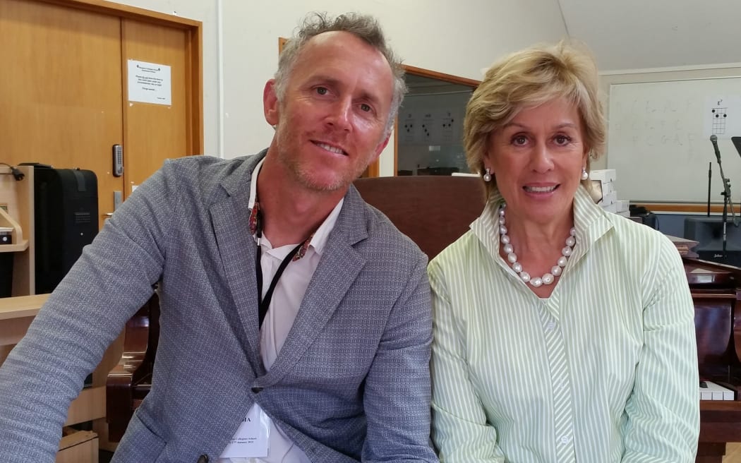 RNZ reporter Nick Butcher with Dame Kiri Te Kanawa at the New Zealand Opera School in Whanganui.