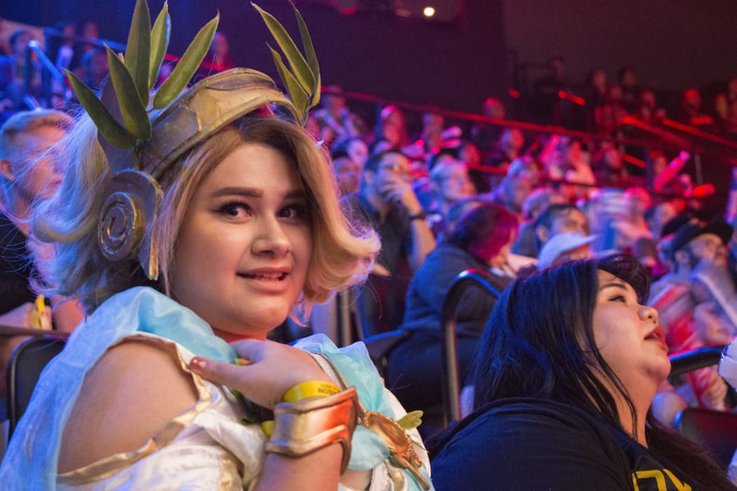 A fan dressed as Overwatch character Mercy at Blizzard Arena.