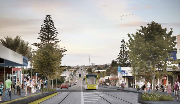 An artists' visualisation for Auckland Transport of light rail in Mt Roskill.