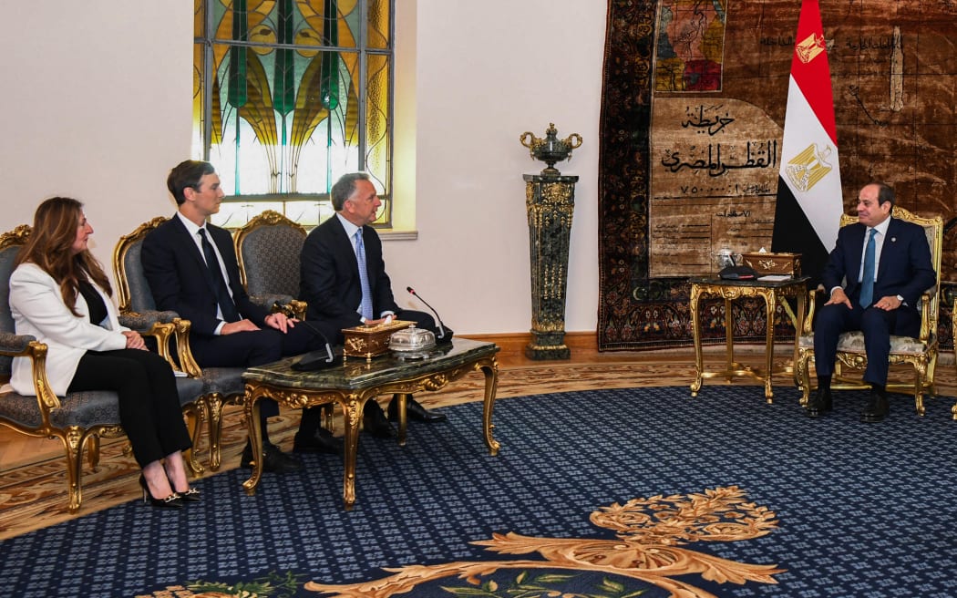 A handout picture released by the Egyptian Presidency on October 9, 2025, shows Egypt's President Abdel Fattah al-Sisi (R) meeting with the US president's Middle East envoy Steve Witkoff (3L), son-in-law Jared Kushner (2L), and US Ambassador to Egypt Herro Mustafa Garg in Cairo. During talks in Egypt's Sharm El-Sheikh resort, Israel and Palestinian factions on October 9 agreed a US-proposed Gaza ceasefire and hostage deal, in a major step towards ending a war that has killed tens of thousands of people and unleashed a humanitarian catastrophe. (Photo by EGYPTIAN PRESIDENCY / AFP) / === RESTRICTED TO EDITORIAL USE - MANDATORY CREDIT "AFP PHOTO / HO / EGYPTIAN PRESIDENCY' - NO MARKETING NO ADVERTISING CAMPAIGNS - DISTRIBUTED AS A SERVICE TO CLIENTS ==