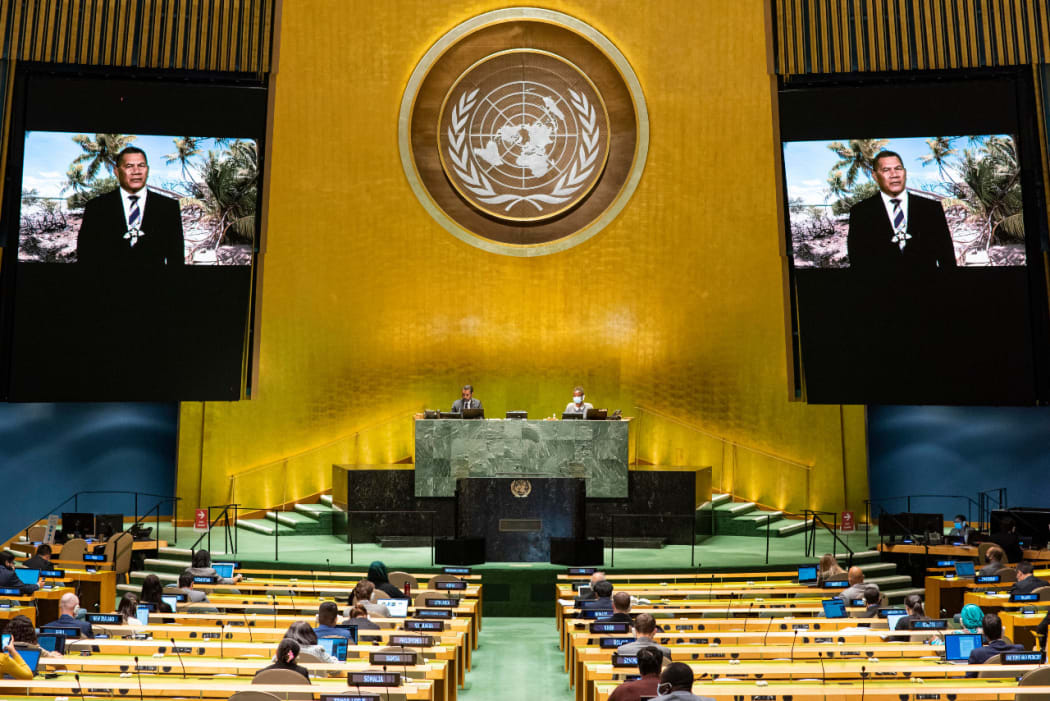 Pacific Islands Forum Chair and Tuvalu Prime Minister Kausea Natano addresses the UN on climate change.