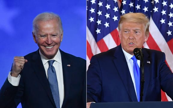 Democratic presidential nominee Joe Biden and US President Donald Trump speaking on election night.