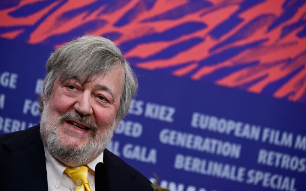 British actor and comedian Stephen Fry attends a press conference for the film "Treasure" presented in the Berlinale Special Gala section at the 74th Berlinale, Europe's first major film festival of the year, in Berlin on February 17, 2024.