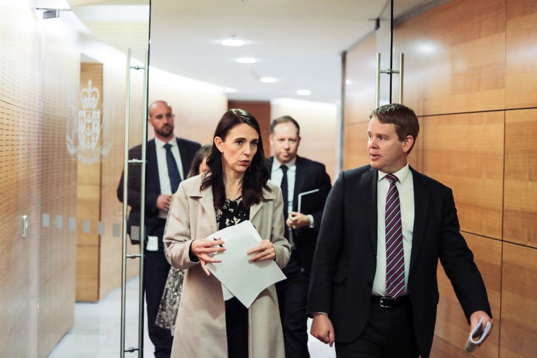 Prime Minister Jacinda Ardern and Covid-19 Response Minister Chris Hipkins heading to a post-Cabinet conference.