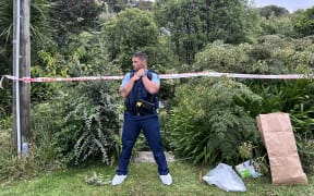 Wellington police at the scene in Albemarle Road, Northland, where a man was found dead outside a property on Tuesday 1 April 2025.