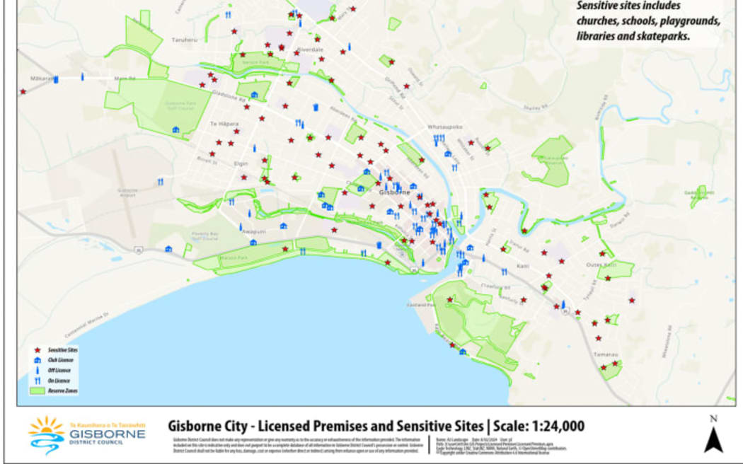 The infographic shows the number of licensed premises (in blue) with the number of sensitive sites (in red) within Gisborne's CBD area.