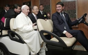 Pope Francis is shown New Zealand’s tukutuku art at the UN's headquarters in New York in September 2015.