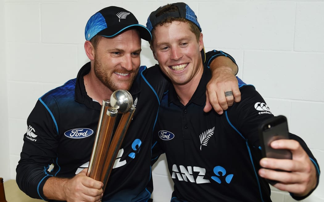 Brendon McCullum and Henry Nicholls as they take a selfie in the dressing room. New Zealand Black Caps v Australia, Chappell Hadlee Trophy Match 3. ANZ ODI Cricket Series. Seddon Park, Hamilton, New Zealand. Monday 8 February 2016. Copyright photo: Andrew Cornaga / www.photosport.nz