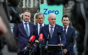 From left to right: National's Simon Watts, Dale Stephens (Nats candidate for Christchurch Central) National Party leader Christopher Luxon, and Transport spokesperson Simeon Brown.