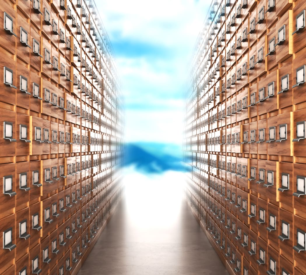 Room with archives. The archive corridor with cupboards leading to the light. 3D illustration