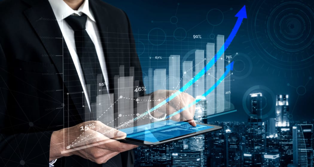 Double Exposure Image of Business and Finance - Businessman with report chart up forward to financial profit growth of stock market investment.