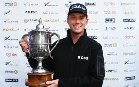 Daniel Hillier of New Zealand with the trophy after winning the Round 4 of 105th New Zealand Open. Millbrook Resort, Arrowtown, New Zealand. Sunday 1 March 2026. ©Copyright Photo: Chris Symes / www.photosport.nz