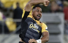 Ngani Laumape celebrates his try.