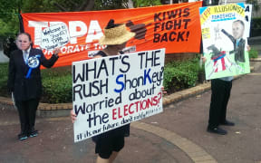 Protestors outside the first of the government's Trans Pacific Partnership roadshow events.