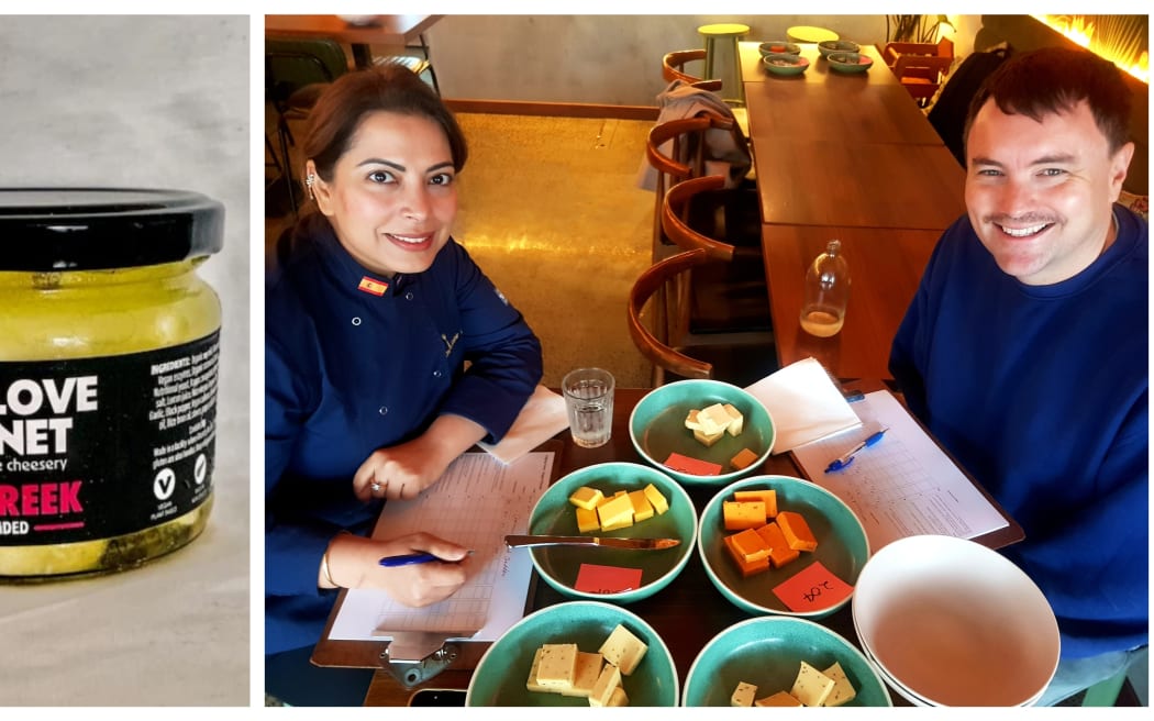Judges Jasbir “Jazz” Kaur and Tom Sainsbury, taste-testing at the fourth annual Vegan Society of Aotearoa Vegan Cheese Awards. The Supreme Winner was 'The Greek' a dairy free Feta from 'One Love Planet'.