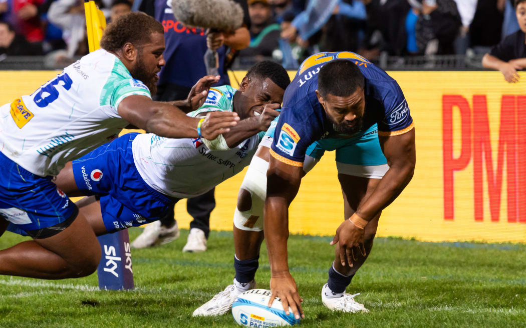 Moana Pasifika Julian Savea scores a try during the - Super Rugby Paciﬁc - Moana Pasiﬁka v Fijian Drua at North Harbour Stadium, Auckland.