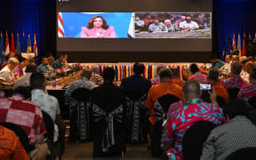 US Vice-President Kamala Harris speaks via video-link to the Pacific Islands Forum (PIF) in Suva on 13 July, 2022.