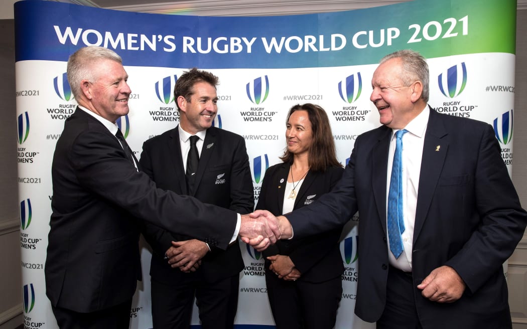 New Zealand wins the rights to host the 2021 women's Rugby World Cup. Steve Tew, Mark Robinson, Farah Palmer and Bill Beaumont.
