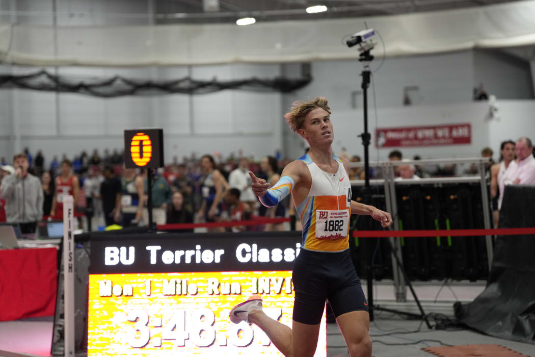 Sam Ruthe celebrates after winning the mile at the John Thomas Terrier Classic indoors meet at Boston University, 31 January, 2026 (US time).