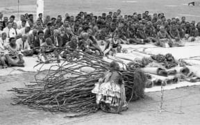 A traditional presentation of gifts at a Fijian ceremony.