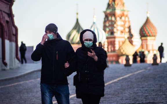 Illustration image of people wearing a medical mask in the city centre of Moscow during the pandemic of COVID-19 in Russia