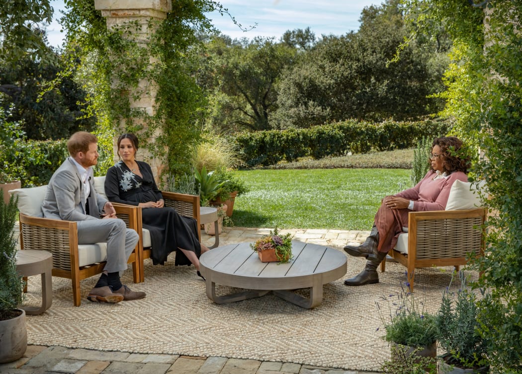 Prince Harry and Meghan Duchess of Sussex speaking to Oprah Winfrey.