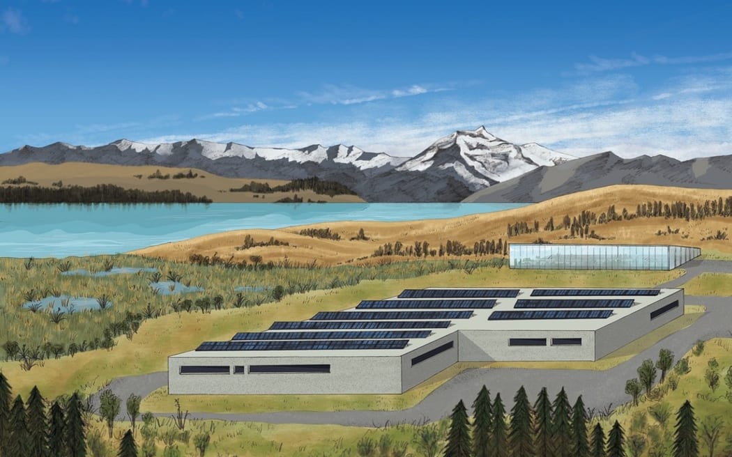 Mt Cook Alpine Salmon land-based farm concept illustration.