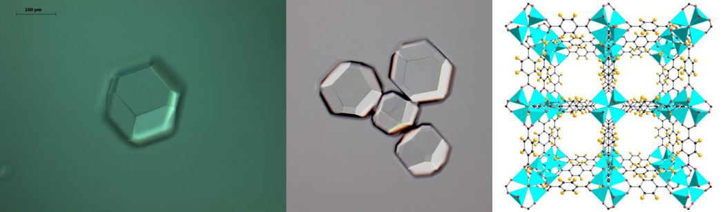 Microscope images and a diagram of the inside of a metal-organic framework
