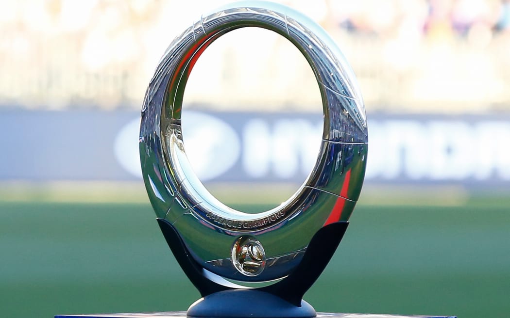 The A-League winners trophy on display before the start of the match