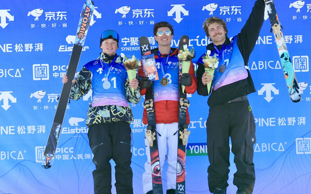Freeski Halfpipe World Cup Podium. [L-R] Luke Harrold (NZL) in 2nd, Alex Ferreira (USA) in 1st, Hunter Hess (USA) in 3rd.
