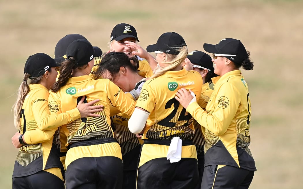 Wellington Blaze celebrate victory over Canterbury Magicians in the Hallyburton Shield Final.