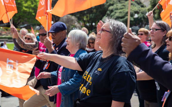 Members of the Tertiary Education Union protest outside Parliament
