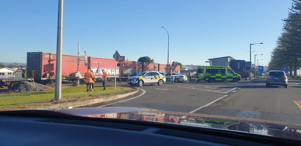 A cyclist was hit by a train in central Napier on Thursday morning, at the corner of  Marine Parade and Ellison St.