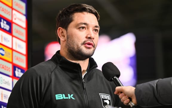 Brandon Smith of New Zealand is interviewed ahead of the match against Jamaica - New Zealand Kiwis v Jamaica Men, Round 1 of the Rugby League World Cup England 2021 (played in 2022) at MKM Stadium, Hull, England on Saturday 22 October 2022.
© Mandatory credit: Will Palmer / www.photosport.nz