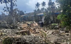 Ash and debris covering houses and a road in Nuku'alofa, Tonga.