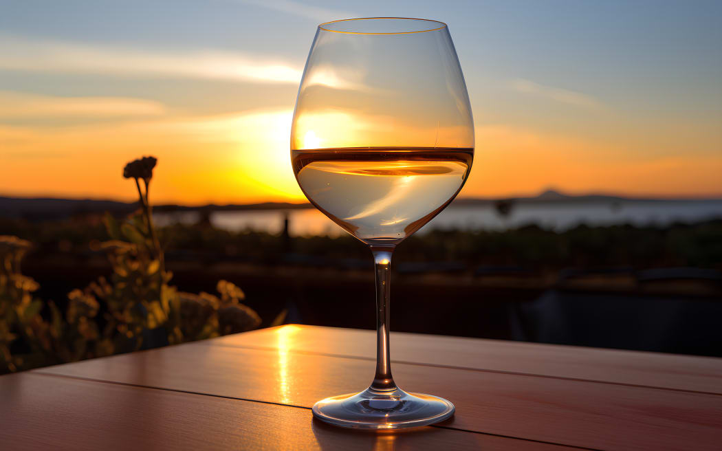 A wine glass of water at sunset