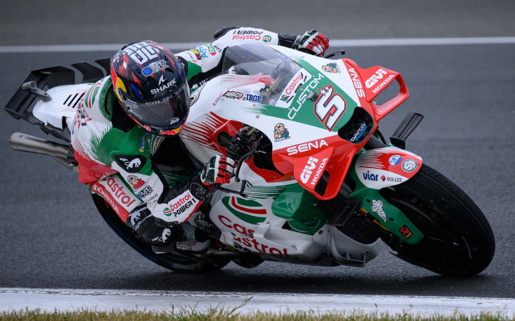 LCR Honda team's French MotoGP rider Johann Zarco rides to win the France Moto GP, 2025.