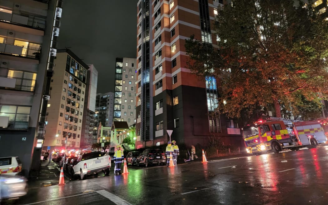 Fire crews attend a blaze in Auckland's CBD on 3 May 2023.