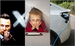 Elon Musk and X, child with smartphone, Tesla charging