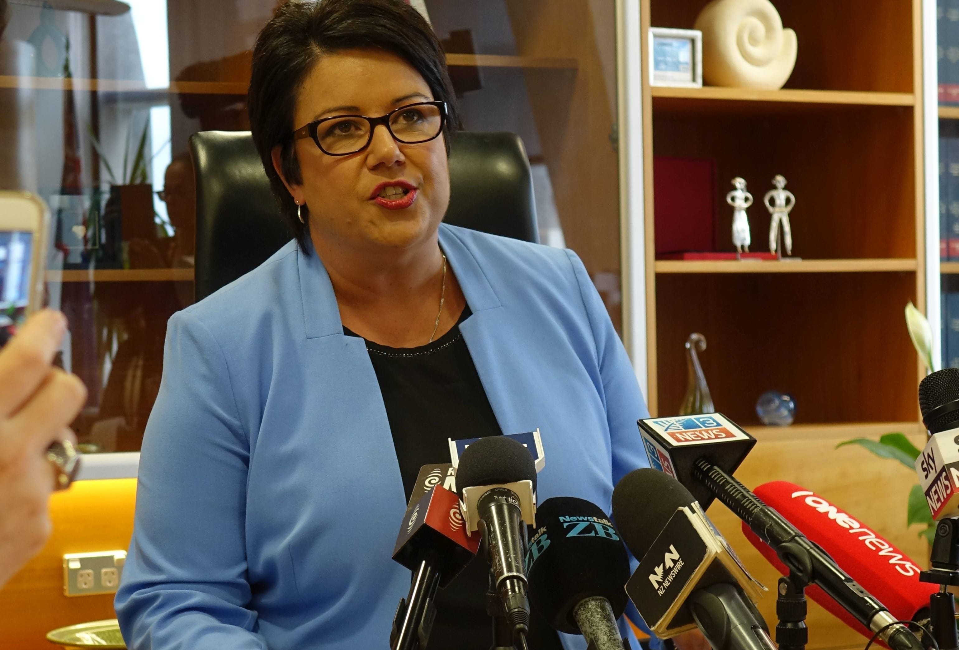 Associate Finance Minister Paula Bennett speaks at a news conference over Lochinver Station on 17 September 2015.
