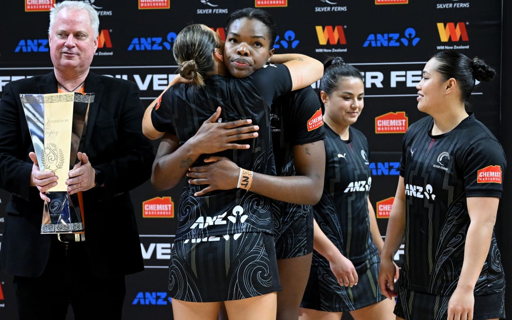 INVERCARGILL, NEW ZEALAND - SEPTEMBER 28: Martina Salmon and Grace Nweke of New Zealand share a moment following game three of the Taini Jamison Trophy series between New Zealand Silver Ferns and South Africa Proteas at ILT Stadium Southland on September 28, 2025 in Invercargill, New Zealand. (Photo by Joe Allison/Getty Images)